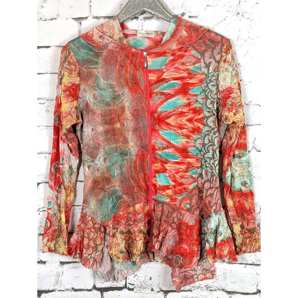 VINE STREET Crinkle Mesh Zip Front Hoodie Artsy Peplum Hem Colorful Medium